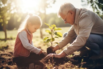 Héritage familial : Grand-père et petite-fille plantent un arbre ensemble - 662107079