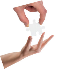 Digital png photo of hands holding puzzle piece on transparent background