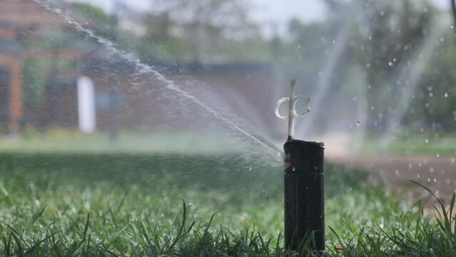  automatic watering grass, garden lawn sprinkler in action.