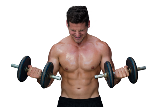 Digital png photo of caucasian man lifting dumbbells on transparent background