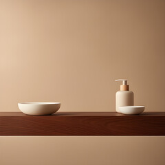 Fototapeta na wymiar Beautiful wood pattern counter top, on beige brown stucco wall. ai generative