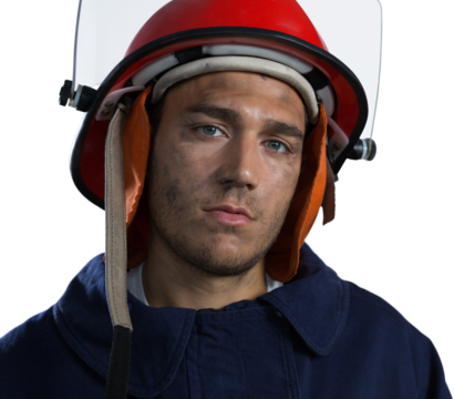 Digital png photo of caucasian male firefighter with helmet on transparent background