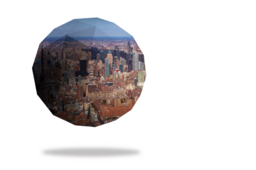Digital png illustration of globe with cityscape on transparent background