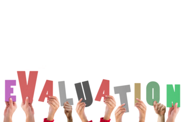 Digital png illustration of hands holding evaluation text on transparent background