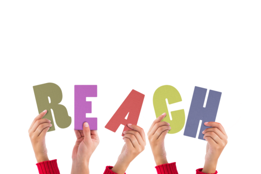 Digital png illustration of hands holding reach text on transparent background