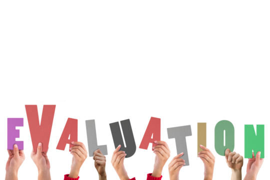 Digital png illustration of hands holding evaluation text on transparent background