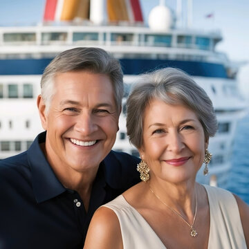Retrato hombre y mujer maduros sonrientes en un barco haciendo un crucero 