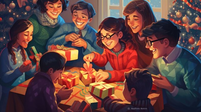 Visualize a group of friends exchanging gifts and laughter, showcasing the joy of sharing during the holiday season
