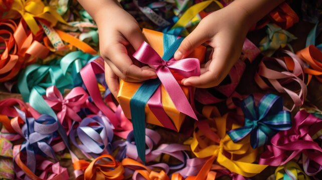 An image of a person wrapping presents with colorful paper and ribbons, symbolizing the act of gift preparation