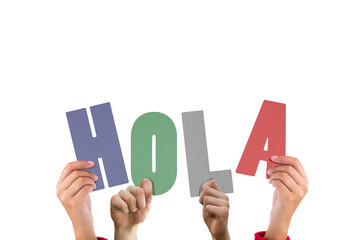 Digital png illustration of hands with hola text on transparent background © vectorfusionart