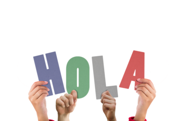 Digital png illustration of hands with hola text on transparent background