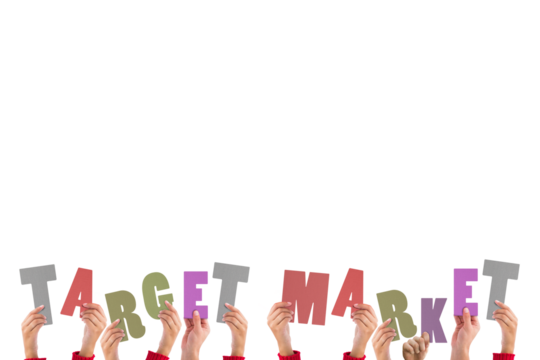 Digital png illustration of hands with target market text on transparent background