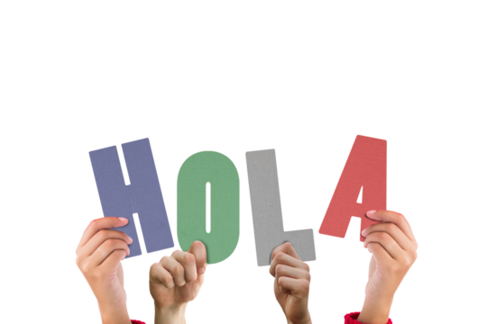 Digital png illustration of hands with hola text on transparent background - Powered by Adobe