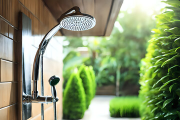 Exterior outdoor shower head in the villa or home building with green garden. Close up - obrazy, fototapety, plakaty