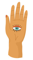 Obraz premium Human hand. Eye on the palm. Back of the hand. Hand with fingers up. Flat vector illustration