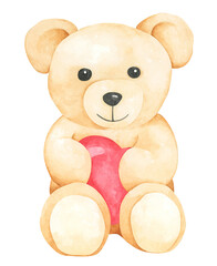 Watercolor painting of Cute teddy bear holding heart shape.