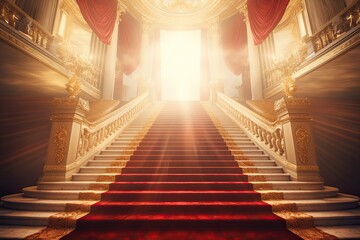 a staircase leading to a red carpet and sun beaming above - obrazy, fototapety, plakaty