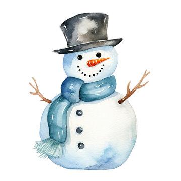 Snowman watercolor clipart on transparent background. Generative AI illustration