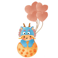 Dragon cartoon character in eggshell with heart shaped balloons