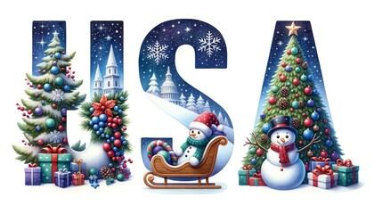The USA text typography by christmas themed