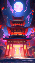 Fototapeta na wymiar Hand drawn cartoon animation Chinese style festival atmosphere street building background illustration 