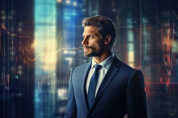 Double Exposure of Handsome businessman and Stock market digital graph chart on background