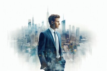 Double Exposure of Handsome businessman and cityscape on white background - obrazy, fototapety, plakaty