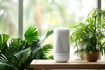 Air purifier in living room show air pollution levels in the room. Protect PM 2.5 dust. Human Health and Technology concept. Fresh air.