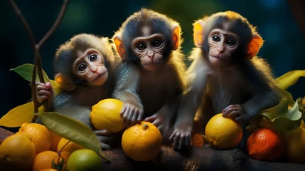 Zelfklevend Fotobehang the monkeys with fruits ai generated © Ilham
