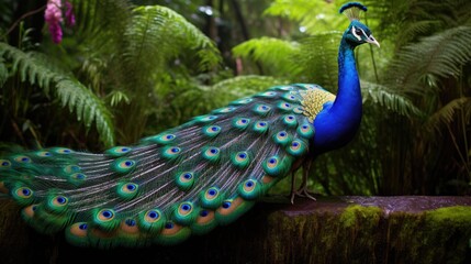 A resplendent peacock displays its majestic plumage, iridescent blues and greens, adorned with eye-catching patterns. © kardaska