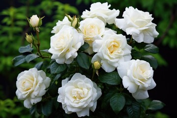 Beautiful blooming white roses on bush outdoors, closeup