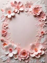 Obraz premium Beautiful floral decoration on pink paper, stationery, wedding card, paper art