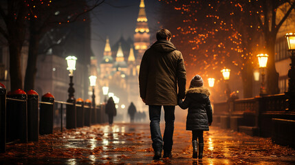 A father and child in the city square at night, winter season, happy holidays. 