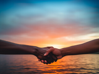 A handshake, for peace, between 2 people, with an open natural cloudy background representing an open sky