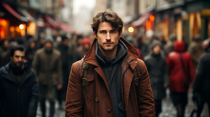 A young man stands in the middle of crowded street. 