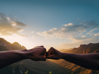 a fist bump, for peace, between 2 people, with an open natural cloudy background over sunset