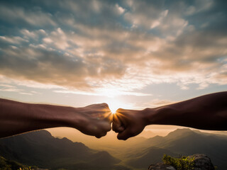 a fist bump, for peace, between 2 people, with an open natural cloudy background over sunset