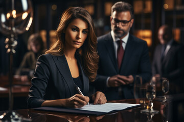 Business woman and man lawyer attorney showing document to man client providing advisory services, professionals discussing tax papers working in office at meeting. Legal consultancy concept.  - obrazy, fototapety, plakaty