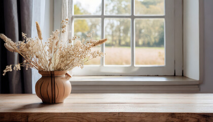 Window Sill Elegance: Dried Flowers for Product Display - obrazy, fototapety, plakaty