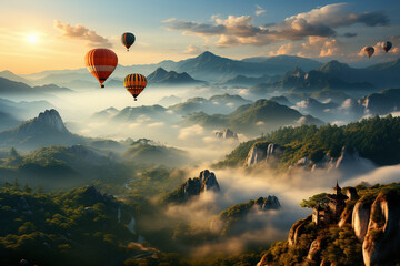 hot air balloons fly over the mountains. 