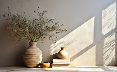 Neutral Mediterranean home design. Textured vase with olive tree branches, cup of coffee. Books on wooden table. Living room still life. Empty wall copy space. 