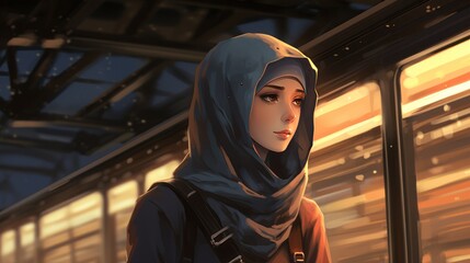Hijab woman waiting train