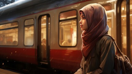 Hijab woman waiting train