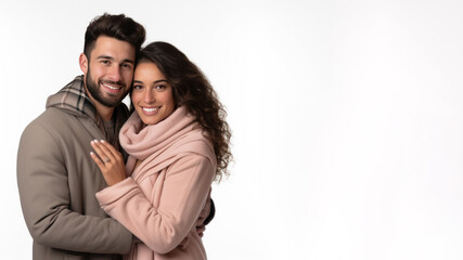 Fototapeta premium Couple Romantic standing side by side and hugging, isolated on white