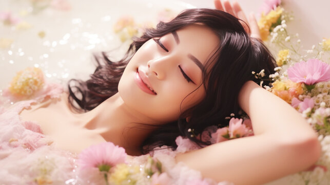 Asian woman smiling relaxing in bath with flowers