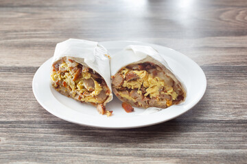 A view of a breakfast burrito.