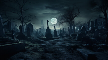 荒廃した不気味な夜の墓地