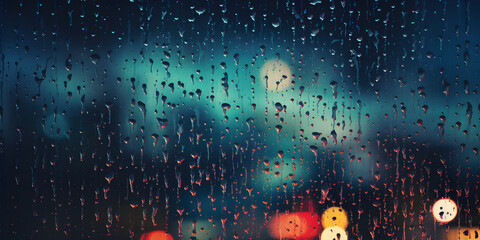 abstract night background with rain drops on window glass and bokeh lights