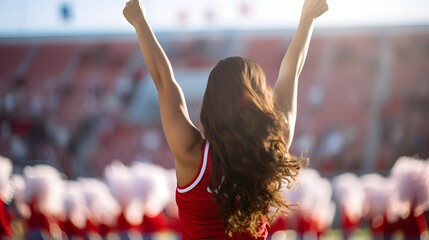 Back view of high school cheerleader performing dance routine on sports field - obrazy, fototapety, plakaty