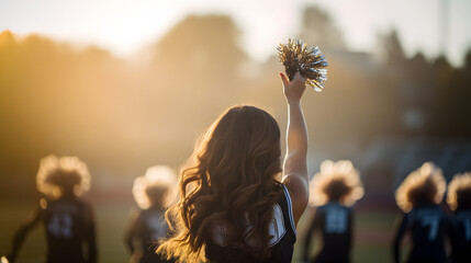 Back view of high school cheerleader performing dance routine on sports field